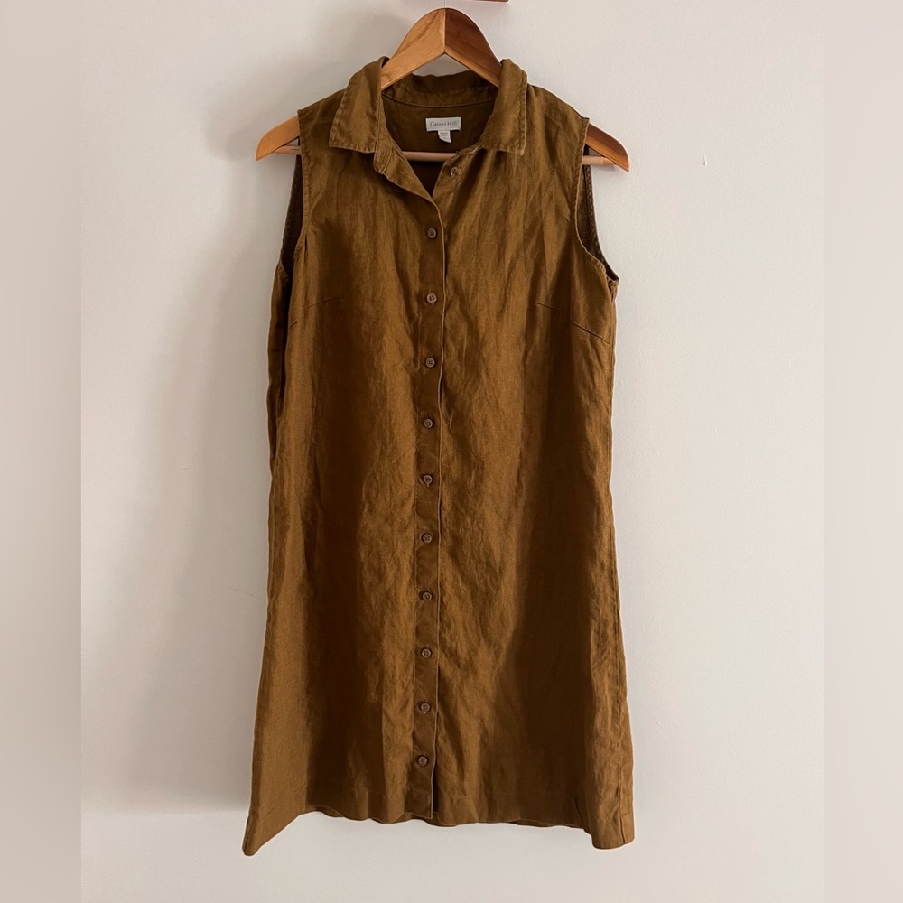 Garnet Hill 100% Linen Shirt Dress Size 6 Collared Button Down Brown Sleeveless